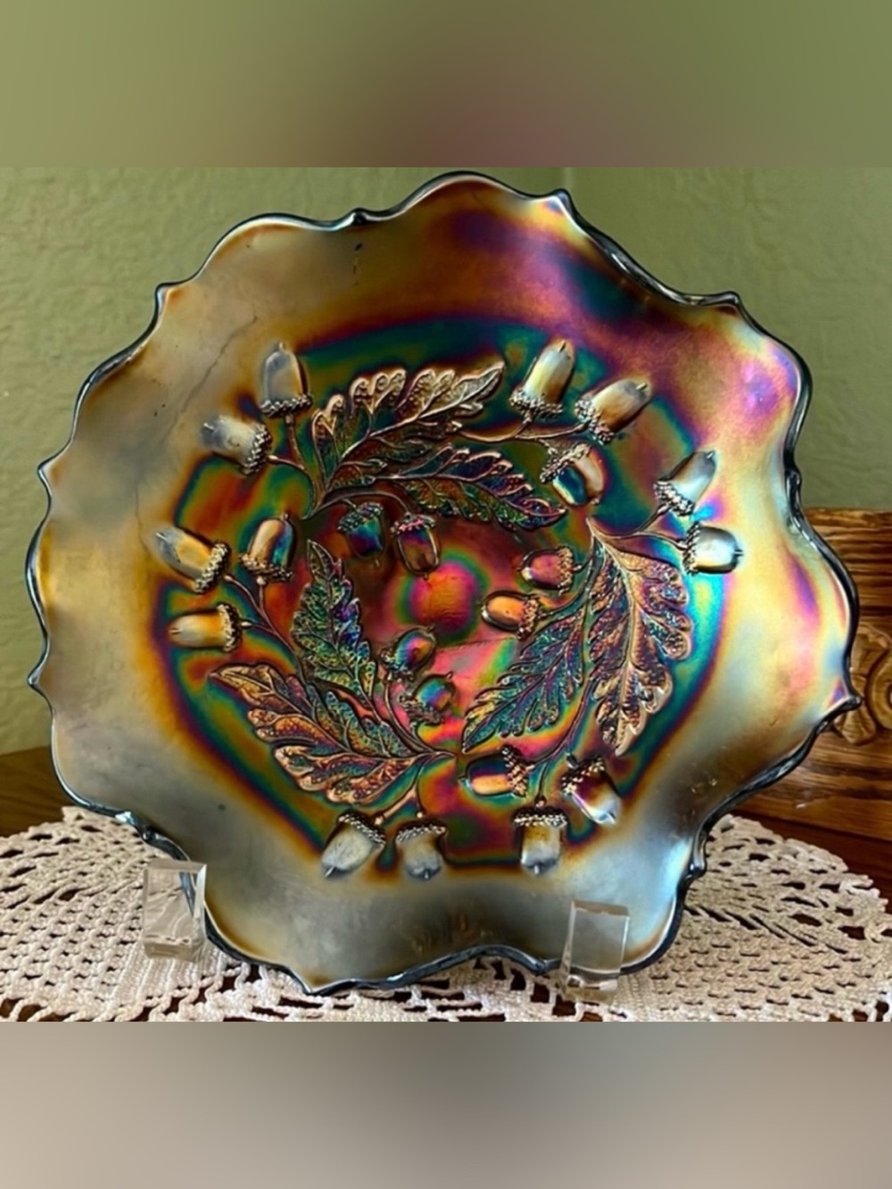 .Antique Fenton Carnival Glass Radium Fall Acorn Pattern Ruffled Bowl, Blue